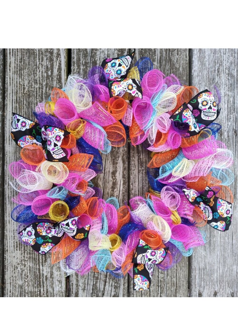 Handmade Seasonal Deco Mesh/Ribbon Wreath Sugar Skull Black Blue Pink Orange
